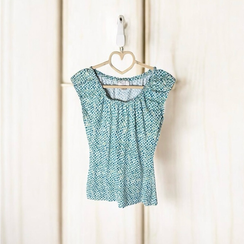 LOFT Teal and White Patterned Blouse
